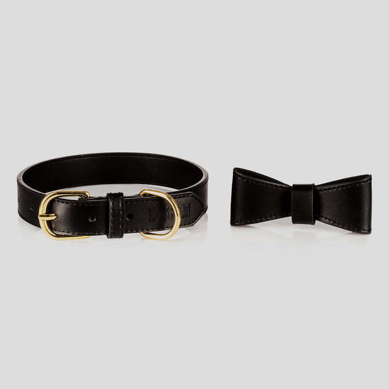 Hundehalsband aus Leder Luxury Line Set mit Schleife in schwarz